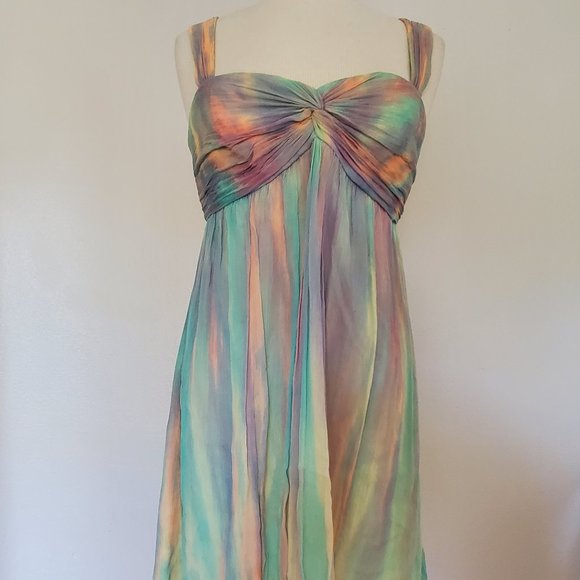 Short cocktail Dress bridesmaid party summer beach silk chiffon tie dye painted